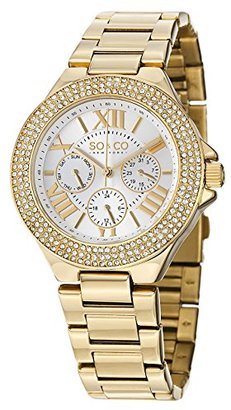 SO&CO New York Women's 5019.3 Madison Day and Date Crystal-Accented 23K Gold-Tone Stainless Steel Link Bracelet Watch
