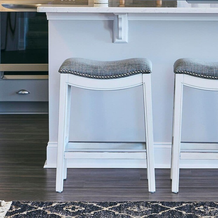 New Ridge Home Goods Zoey 31 in. Farmhouse White Backless Wood Bar Stool with Gray Upholstered Saddle-Seat, 1-Stool