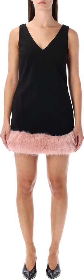 Self-Portrait Back Crepe Mini Dress With Pink Faux Fur Hem
