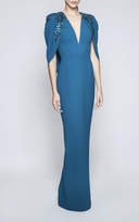 Thumbnail for your product : Pamella Roland Stretch Crepe Caped Gown With Floral Sequin Embroidery