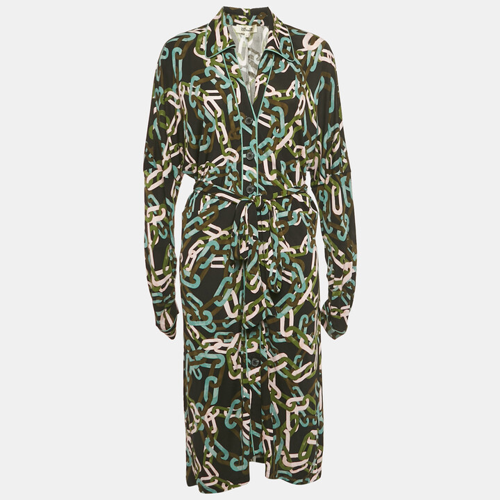 Diane Von Furstenberg Black Carrie Chain Print Jersey Button Front Belted Dress M