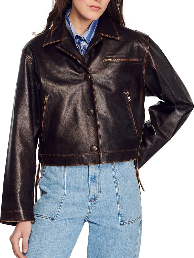 Female Sandro Jude Leather Jacket ShopStyle