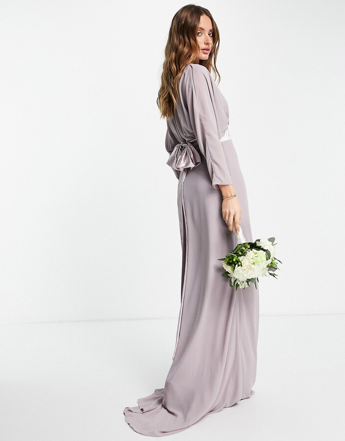 TFNC Bridesmaid long sleeve maxi dress with bow back in lavender gray -  ShopStyle