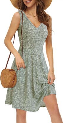 HUHOT Womens Sleeveless V Neck Dress with Pocket Summer Beach Midi Flared  Tank Dress - ShopStyle