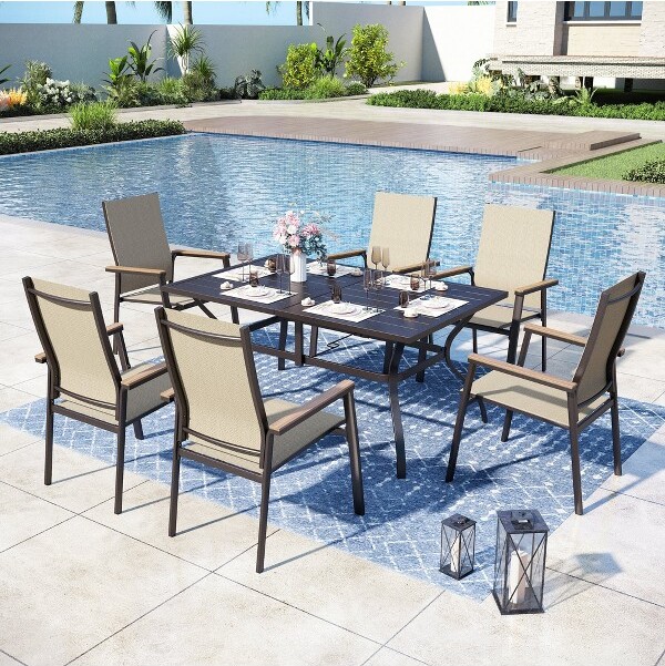 Captiva Designs CaptivaDesigns7pcPatioDiningSlat-topRectangleTable&BeigeTextileneChairswithWood-likeArmrests