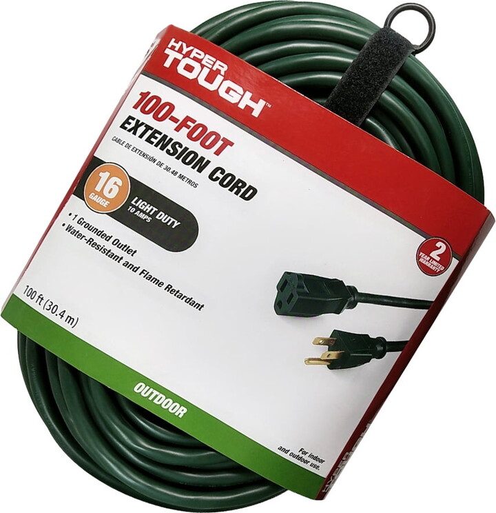 Hyper Tough 100FT 16AWG 3 Prong Green Single Outlet Outdoor Extension Cord, 125V, 10A