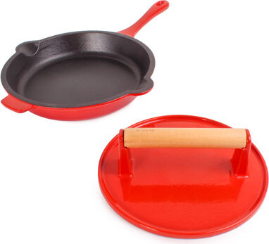 Berghoff Neo 2Pc Red Enamel Cast Iron Cookware Set with 10" Fry Pan and Steak Press