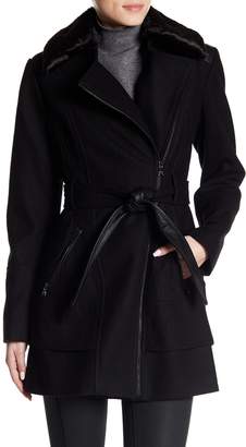 GUESS Faux Fur Collar Asymmetric Belted Wool Blend Coat