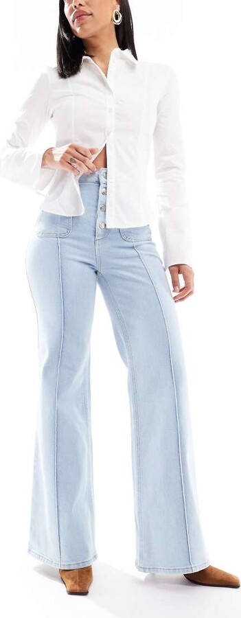 Miss Selfridge patch pocketed high waist 70's denim flare jeans in bleach wash
