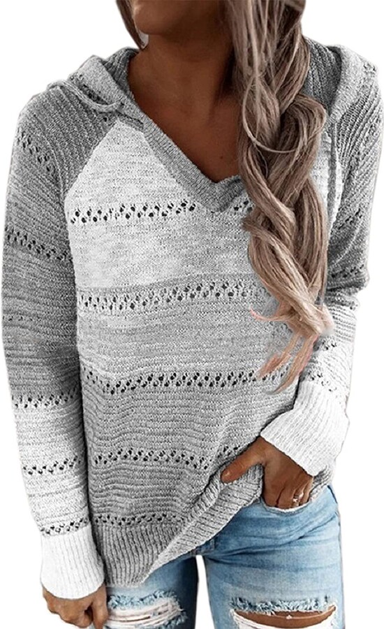 Cisisily Women's Long Sleeve Hoodie Knit Sweater Zip Up Crochet Drawstring  Color Block Sweatshirts Tops X-Large Gray and Orange - ShopStyle