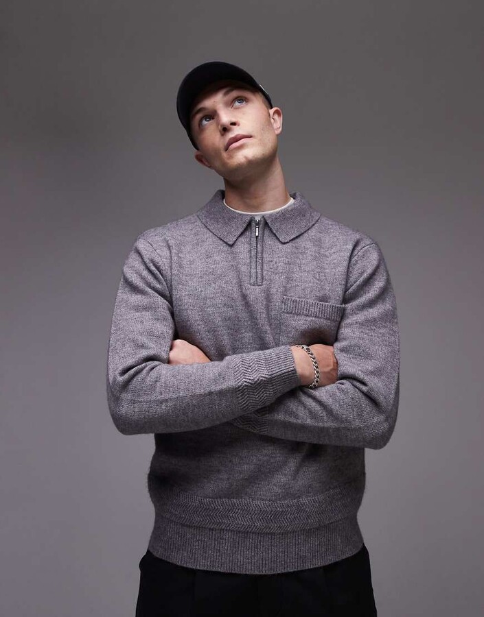 Topman knit zip polo in gray