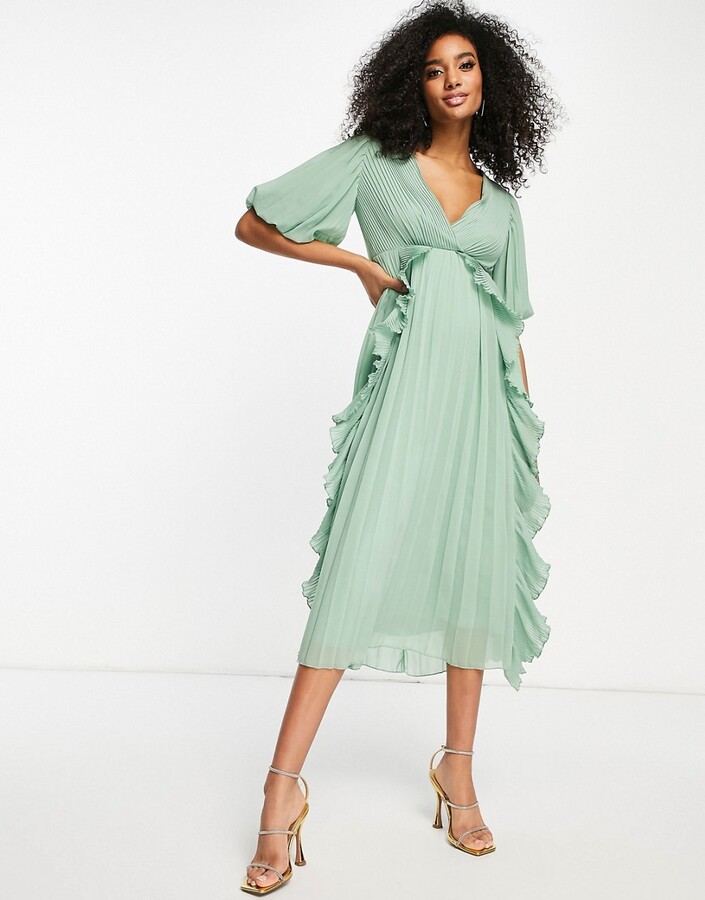 ASOS DESIGN wrap front ruffle micro pleat midi dress in sage green -  ShopStyle
