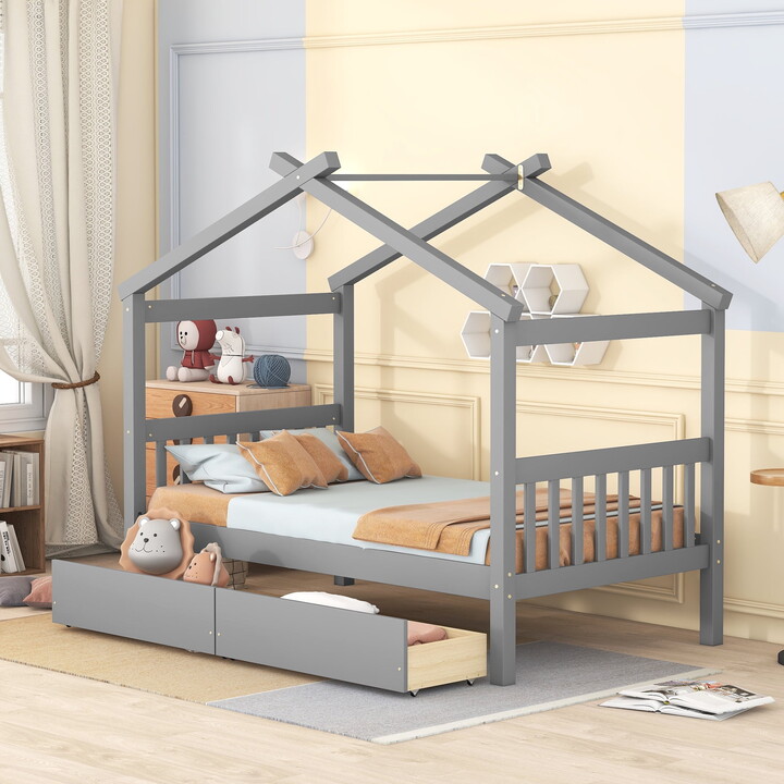 Holaki Wood Twin Size House Bed with Storage Drawers for Kids, Gray