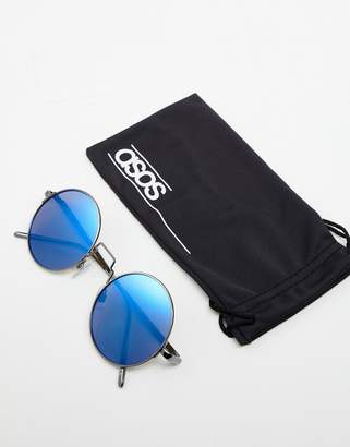 ASOS Design Round Sunglasses In Gunmetal With Blue Mirrored Lens