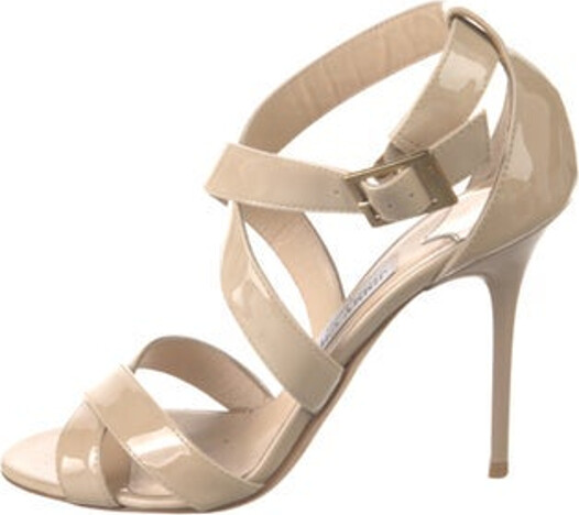 Jimmy Choo Patent Leather Sandals Neutrals Crossover Straps & Buckle Closure at Ankles Includes Box & Dust Bag