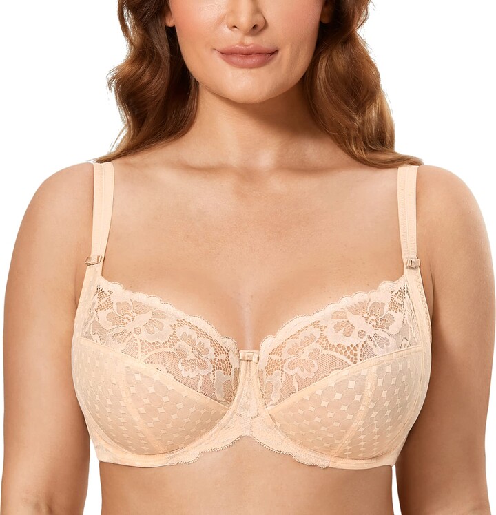 Womens Full Coverage Plus Size Floral Lace Underwired Bra Non Padded  Comfort Bra 34D Beige