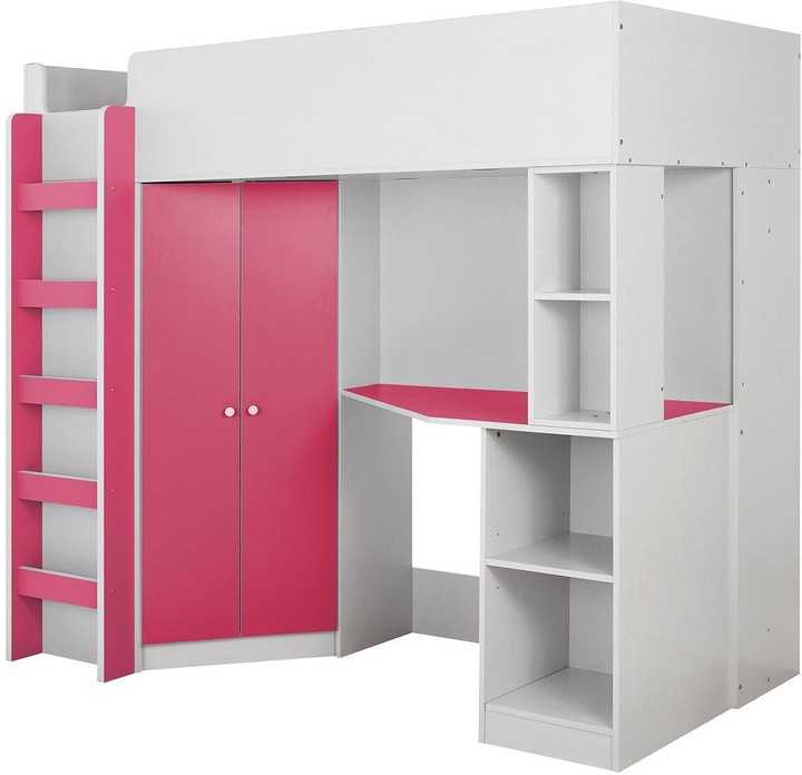 Miami Fresh High Sleeper Bed with Desk, Wardrobe and Shelves Pink