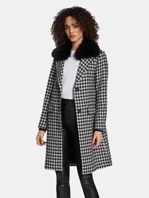 Dawn Levy Noelle Houndstooth Pattern Wool Coat with Removable Raccoon Fur Collar