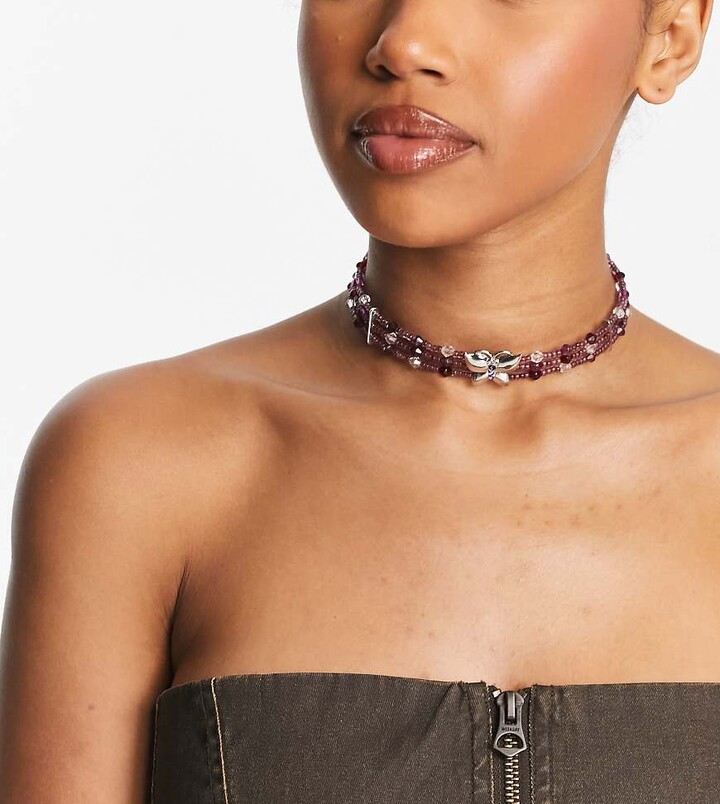 Reclaimed Vintage corsage flower choker necklace in dark red