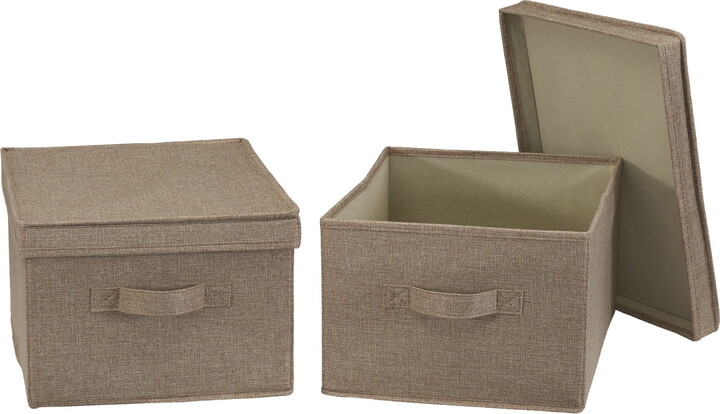 Household Essentials Large Fabric Storage Bins 2 Pack, Soft Poly Linen with Sturdy Sides, Attached Handle and Fully Removable Lid, Brown