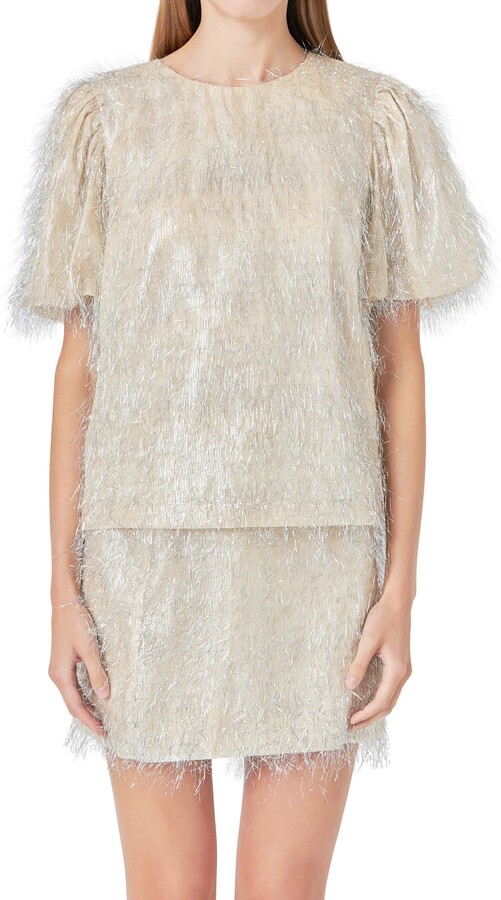 Endless Rose Metallic Fringe Puff Sleeve Top