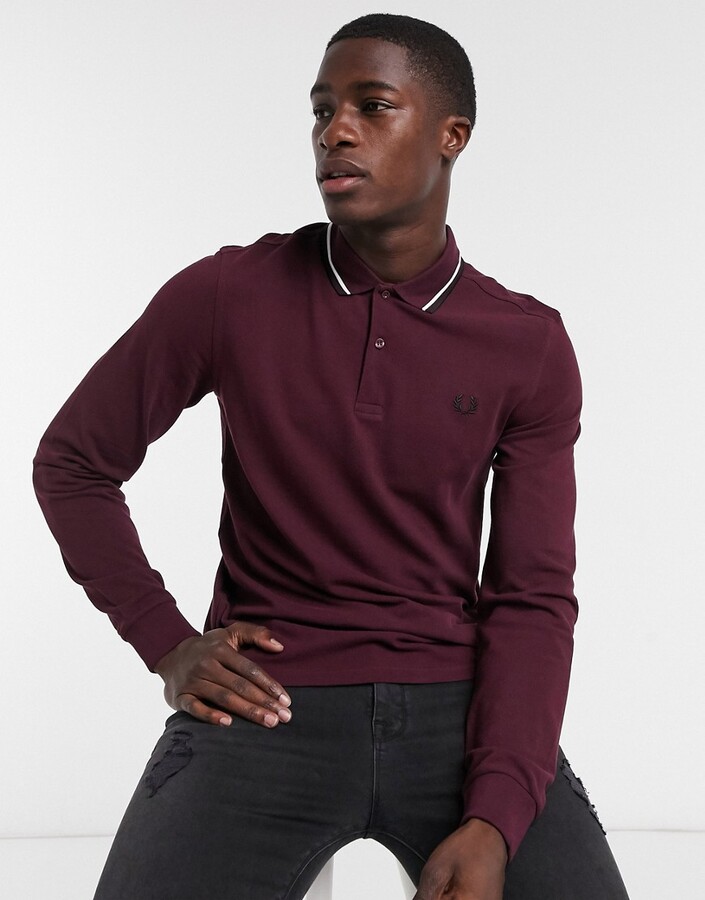 Fred Perry twin tipped long sleeve polo in burgundy - ShopStyle