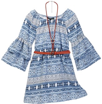 My Michelle mymichelle Paisley Print Belted Bell Sleeve Dress with Necklace (Big Girls)