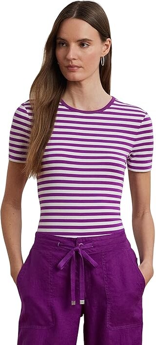 Lauren Ralph Lauren Striped Stretch Cotton Crewneck T-Shirts Women's Clothing Purple Dawn/White : XL, Cotton/Elastane