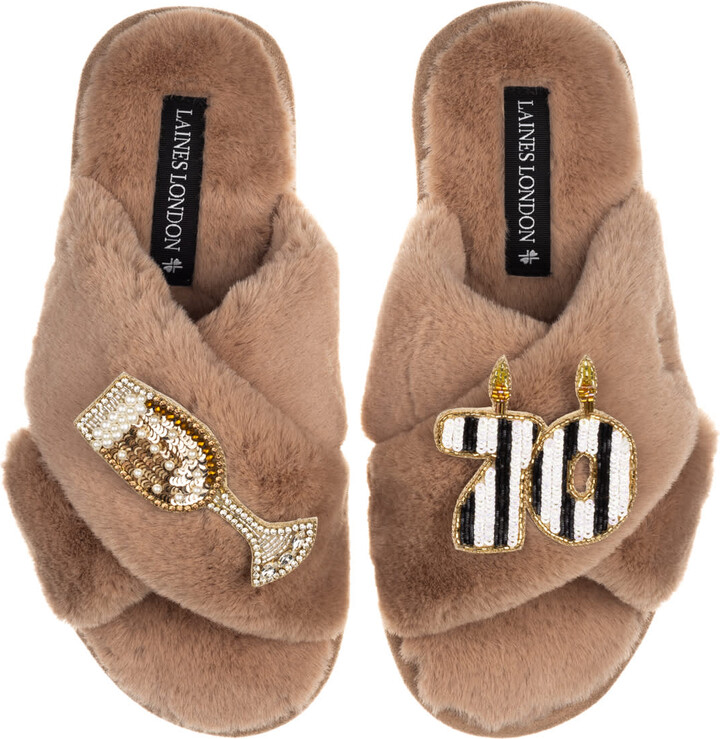 Laines London Brown Classic Laines Slippers With Stripe 70Th Birthday & Glass Of Champagne Brooches - Toffee