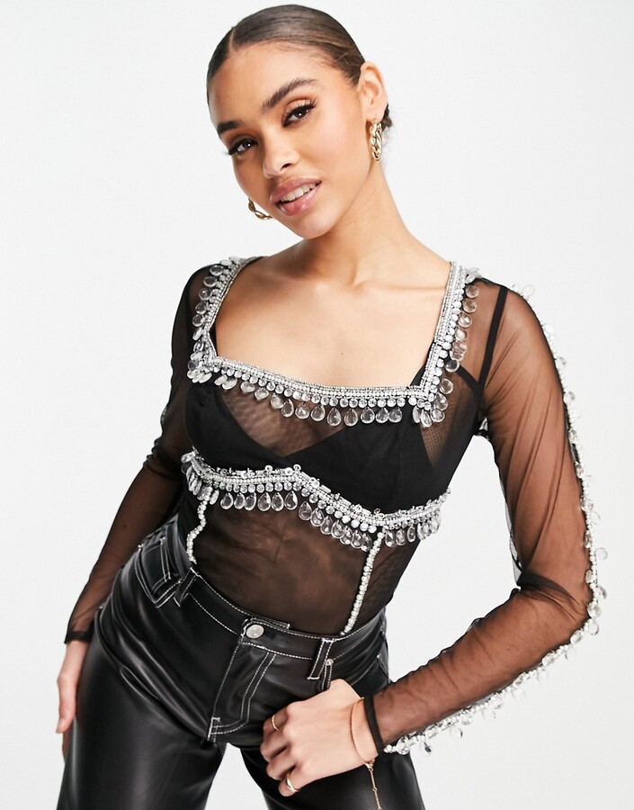 ASOS DESIGN long sleeve mesh embellished bodysuit in black - ShopStyle Tops
