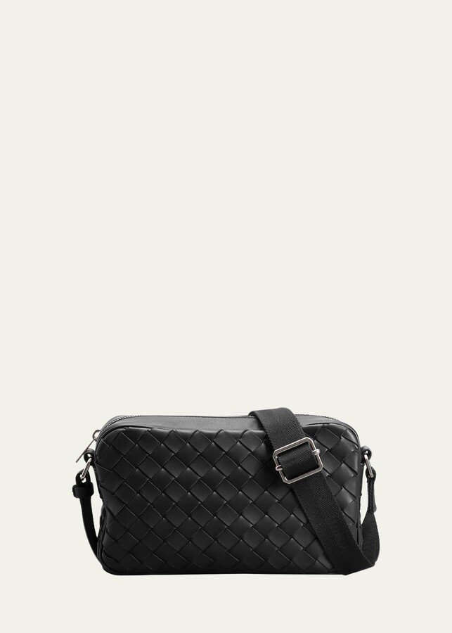 Bottega Veneta Men's Leather Intrecciato Crossbody Camera Bag, black-silver, Men's, Crossbody Bags Messenger Bags & Camera Bags