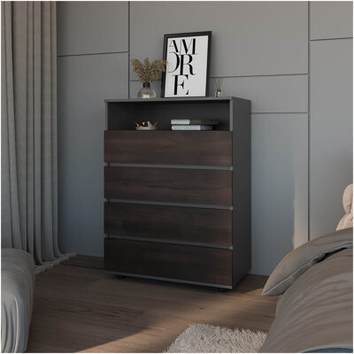 17 Stories Tokio 4 Drawer Dresser With Open Shelf, Stained Walnut