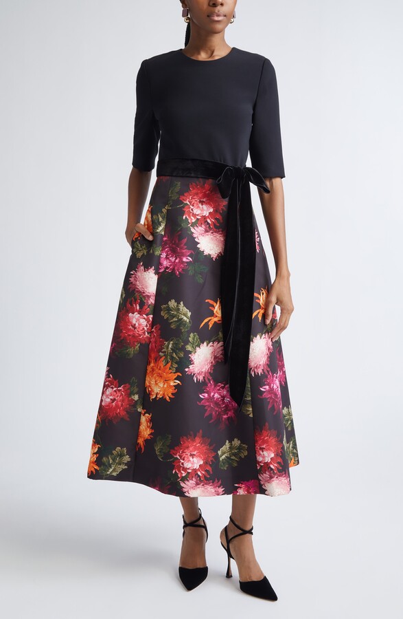 Carolina Herrera Chrysanthemum Print Crepe Velvet & Faille Fit & Flare Midi Dress