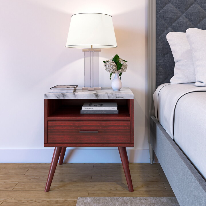 Boyd Sleep Marcello Mid Century Modern Faux Marble One Drawer Nightstand, Cherry