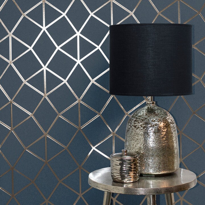 Fine Décor Wallpaper Platinum Geo Trellis Navy Vinyl Wallpaper Navy