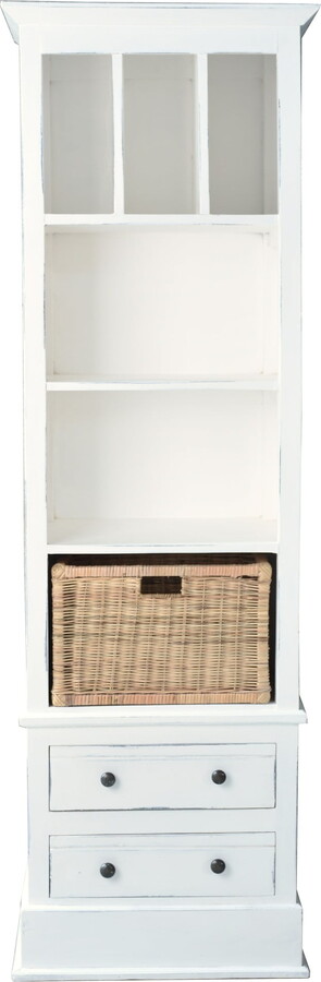 BestHomeCustom Shabby Chic Cottage Distressed White Solid Wood Tall Storage Accent Cabinet with Shelves Drawers Basket