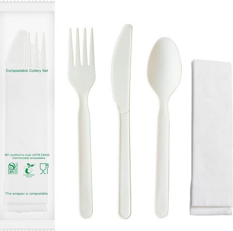 AoiboxHeavy-dutyCompostableCutleryKits,BPICertified,200Sets(Fork,Spoon,Knife,Napkin)IndividuallyWrapped,Plant-BasedCPLA
