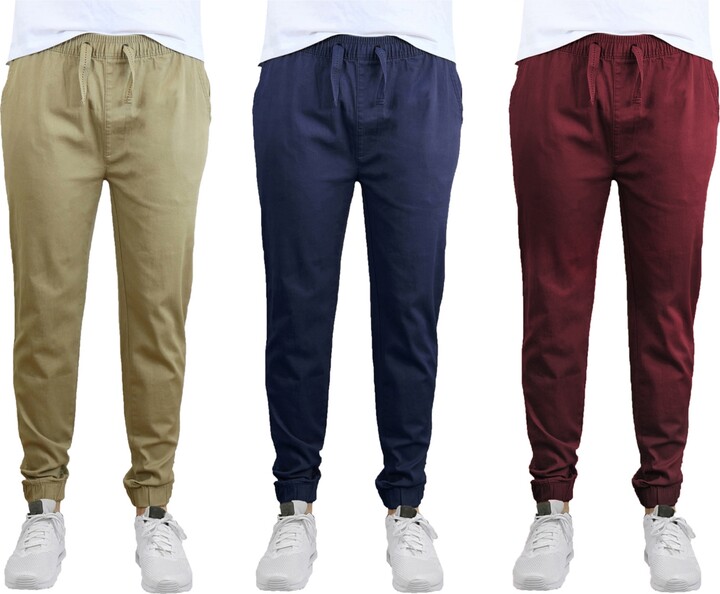 Galaxy By Harvic Men's Slim Fit Basic Stretch Twill Joggers, Pack of 3 - Khaki, Navy and Burgundy