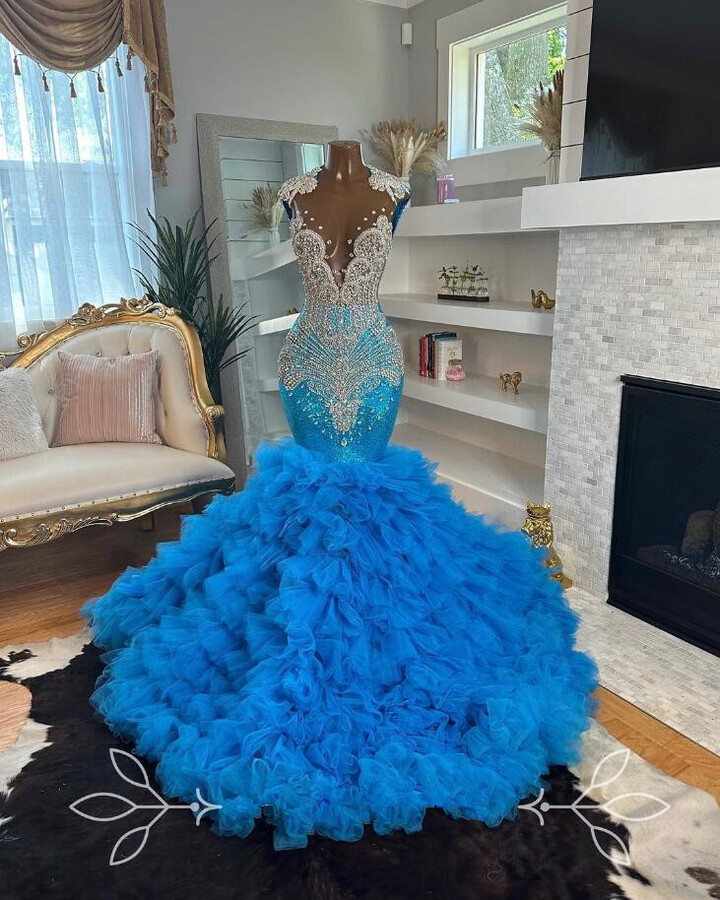 Gendriergarcia Turquoise Tulle African Prom Dress for Black Girl Luxury Diamond Crystal Ruffles Skirt Trumpet Birthday Queen Gown customsized
