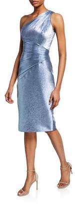 Theia Metallic One-Shoulder Cocktail Dress with Ruching