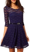Thumbnail for your product : fashionbeautybuy Women Round Neck Midi Skater Dress 3/4 Sleeve Hollow Out Lace Cocktail Dress Waist Belt (L, )