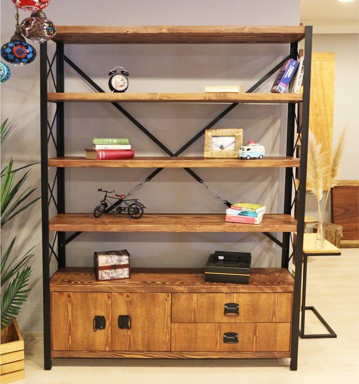 Etsy Industrial Bookcase With Doors & Drawers Cross X/Wooden Shelves