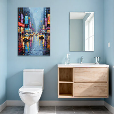 Red Barrel Studio Landscape & Nature Rainy City Street With Yellow Taxis And Neon Signs