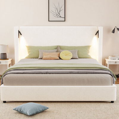 King Size Upholstered Platform Bed Frame with High Wingback Headboard, Built-In Reading Lamp and USB Charging Port, Soft Fabric Foam Padding, No Box S