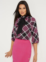 Thumbnail for your product : New York and Company Check-Print 3/4-Sleeve Bow-Neck Blouse