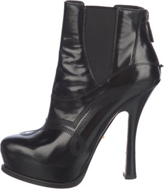 Prada Leather Ankle Chelsea Boots Black Round-Toes with Embroidered Accent Platform Zip Closures at Shafts Includes Box, Dust Bag & Additional Heel Caps