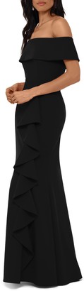 Betsy & Adam Off the Shoulder Front Ruffle Scuba Crepe Gown