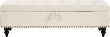 59" Bed Bench With Storage, Blue Upholstery, Solid Wood Legs, Modern Home Decoration Storage Linen Fabric, For Various Rooms, Button , Frame