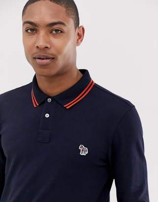 Paul Smith long sleeve slim fit zebra tipped polo in navy