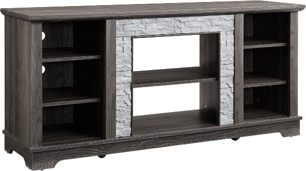 DexmalleGreyModernMantelStoneTVMediaStandwithwithFauxStackedStoneSurround